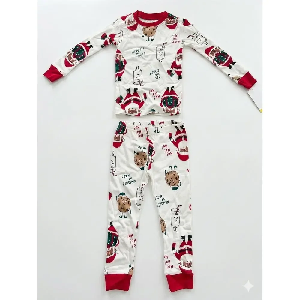 NEW! 12 Carter's Kids Christmas Santa Milk & Cookies Cotton 2PC Pajamas White